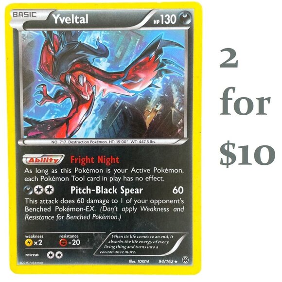 Pokemon Yveltal Basic Card 94/162 HP 130 Fright Night and Pitch-Black Spear - Picture 1 of 8